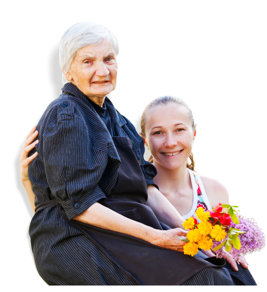 Elder Woman holding flowers beside the Girl